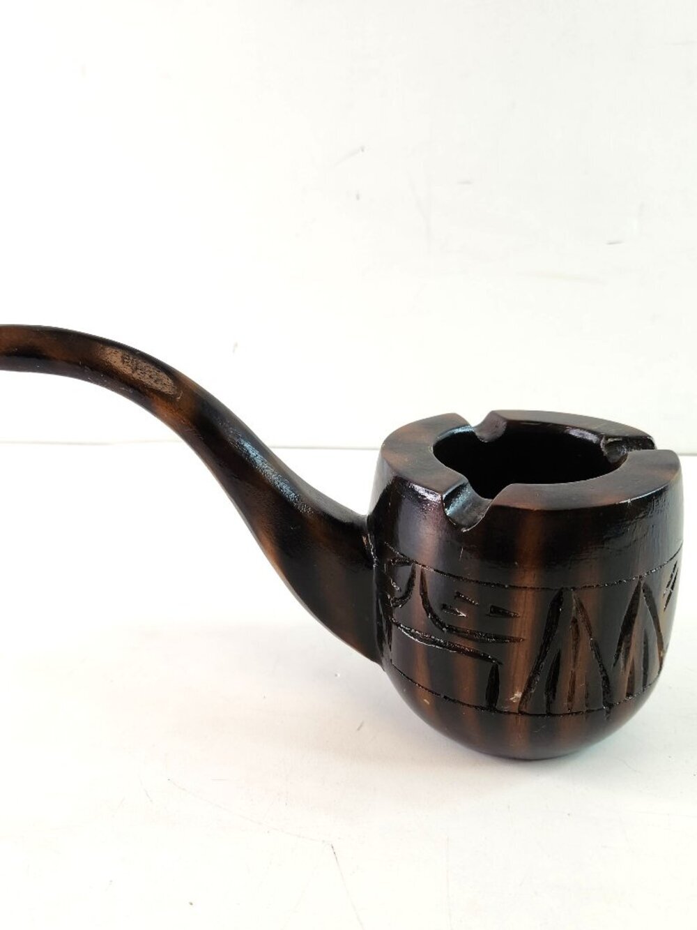 Tiki Style Carved Wood Pipe Shaped Wooden Ashtray